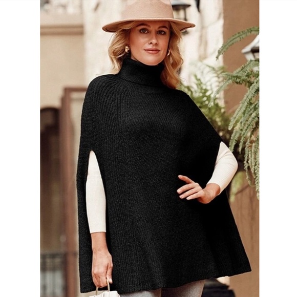 Black Knit Turtleneck Poncho Cloak Sleeveless Sweater - Picture 14 of 15